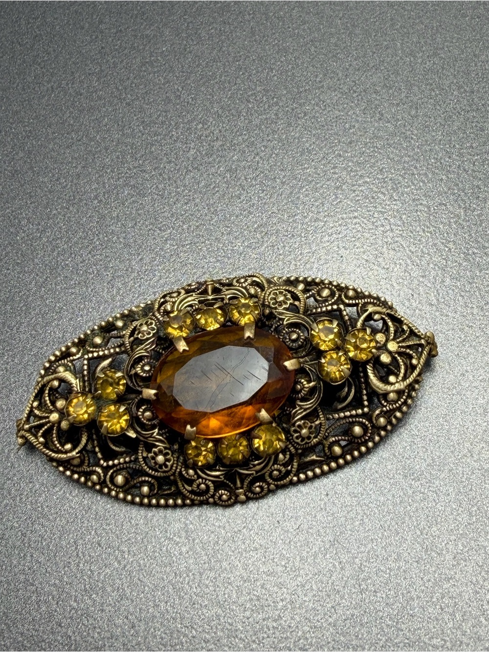 ❤️2/$80 Antique Czech Glass Victorian Amber Filigree Brooch